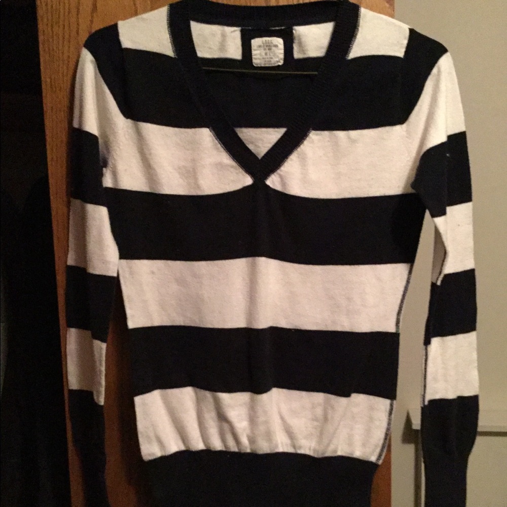 Navy and White Striped V-neck Sweater